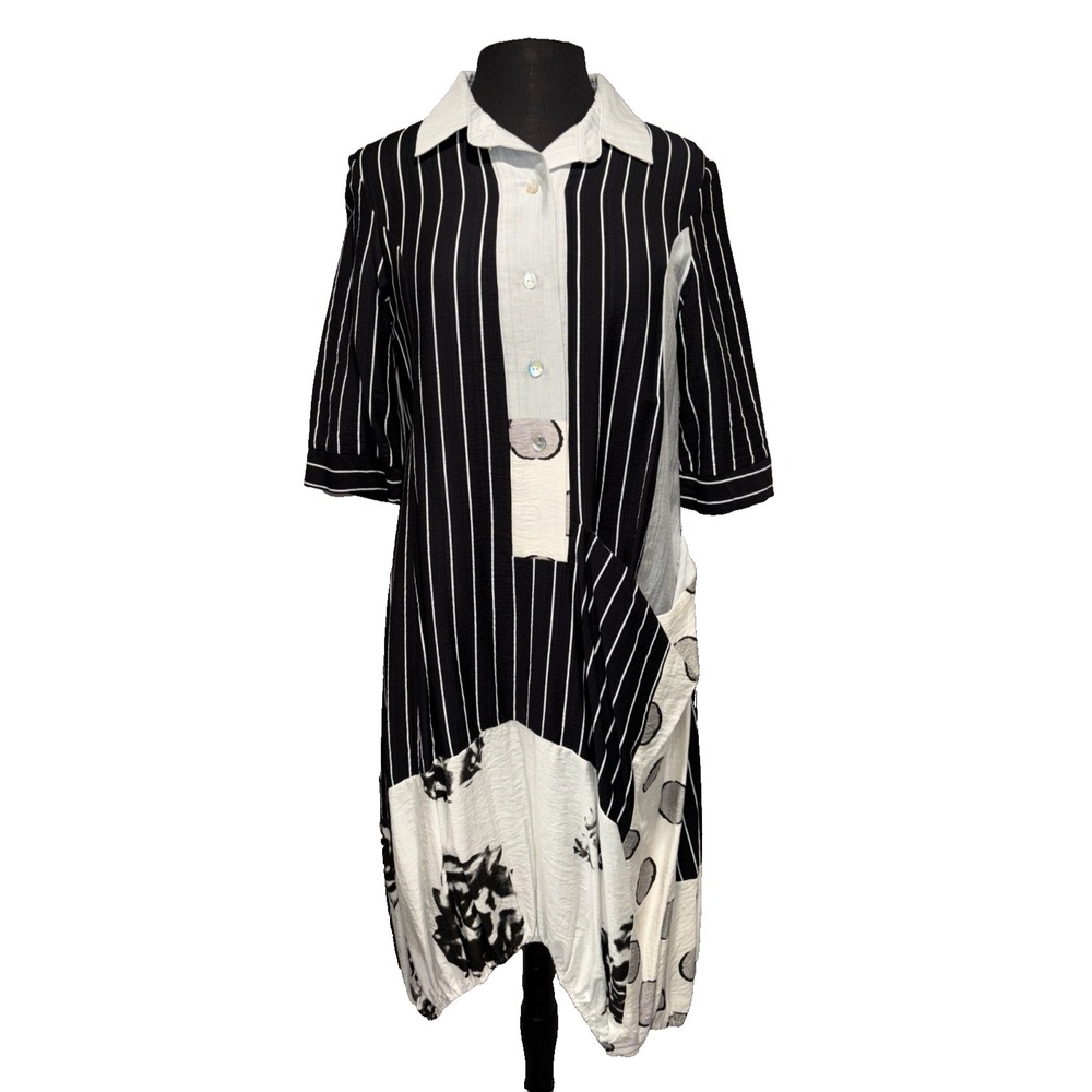 NWT Shana Apparel Patch‎ Shirt Collar Dress XS Black White Lagenlook Artsy Boho